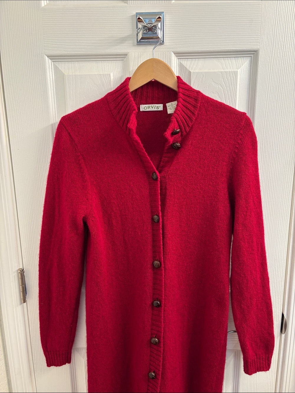 ORVIS Women's Red Button-Front Long Wool Cardigan w/ Fab Buttons Size S